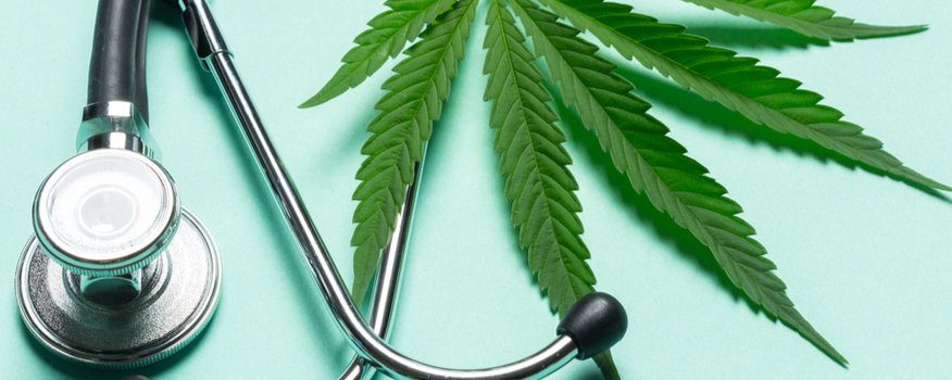 A striking visual with a stethoscope, alongside a cannabis leaf on a teal background.